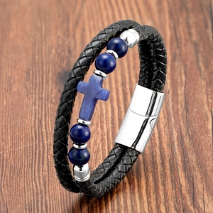 Vintage Geflochtenes Lederarmband Mit Edelstahl Magnetverschluss Naturstein Perlen Kreuz Anhänger Herren Damen Schmuck