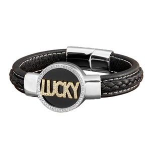 Braided black leather bracelet for men with silver metal buckle and gold Lucky charm
