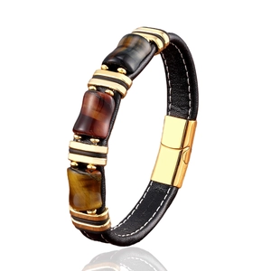 Bracelet pour homme en cuir tressé noir avec pierres oeil de tigre et fermoir doré