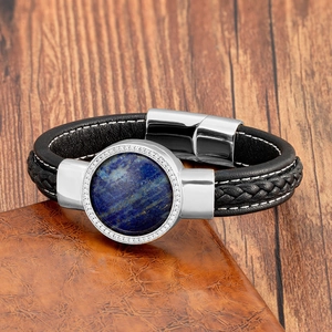 Bracelet pour homme en cuir tressé avec pierre bleue et surpiqûres blanches