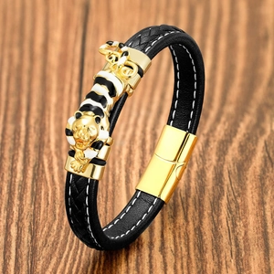 Bracciale in Pelle Intrecciata da Uomo Con Testa di Tigre in Acciaio Inossidabile Smaltata Chiusura Magnetica Gioielli