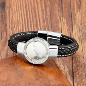 Bracelet pour homme en cuir tressé avec pierre de marbre et incrustation de zircon