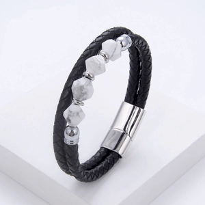 Braided black leather bracelet with marble stone beads and polished magnetic metal clasp