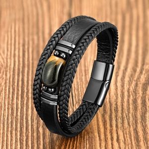 Bracelet multicouche en cuir tressé noir pour homme avec œil de tigre et fermoir magnétique