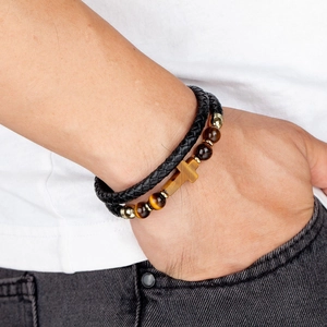 Zweilagiges Herrenarmband mit schwarzem Ledergeflecht und Tigerauge-Steinperlen