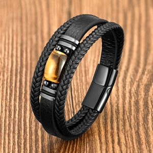 Bracelet Homme Vintage Multicouche Cuir Tressé Pierre Oeil de Tigre Avec Fermoir Magnétique en Acier Inoxydable Bijoux Fête