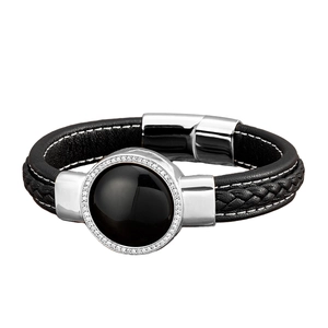 Bracelet tressé en cuir noir pour homme avec pierre noire ronde et accents de cristaux