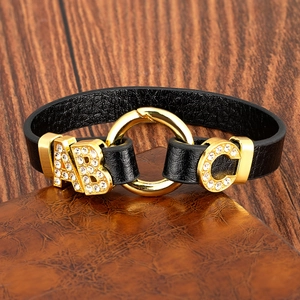 Bracelet en Cuir Luxe Boucle en Acier Inoxydable Or Alliage Strass Alphabet Lettre Bijoux Tendance Rétro Unisexe Décor