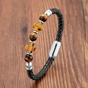 Men Vintage Braided Leather Bracelet Stainless Steel Magnetic Clasp Natural Tiger Eye Stone Cross Beads Religious Handcrafted Jewelry