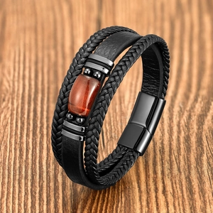 Bracelet multicouche en cuir tressé noir pour homme avec œil de tigre et fermoir magnétique