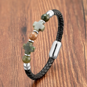 Men's double-layer braided leather bracelet with natural stone beads and cross charms