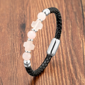 Men's double-layer black braided leather bracelet with pink stone cross and magnetic clasp