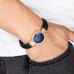 Bracciale da uomo in pelle nera intrecciata con pietra blu ovale e zirconi oro