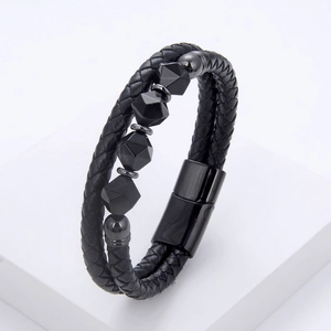 Mens double layered black woven leather bracelet with geometric beads and magnetic clasp