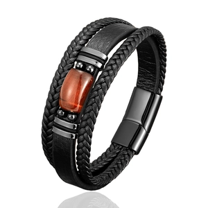 Bracelet multicouche pour homme en cuir tressé noir avec pierre œil de tigre rouge et fermoir