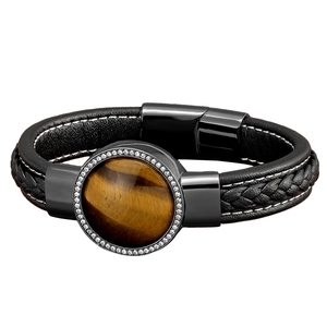Bracciale da uomo in pelle nera intrecciata con pietra occhio di tigre marrone e cristalli