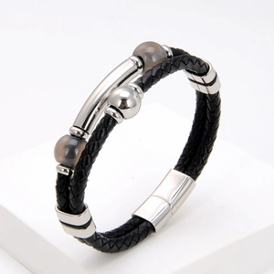 Vintage Men Woven Leather Bracelet Stainless Steel Magnetic Clasp Braided Double Layer Stone Beads Casual Wristband Jewelry