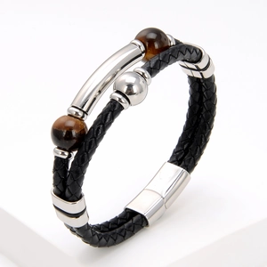 Men's double-layer black braided leather bracelet with tiger eye beads and steel clasp