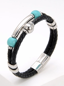 Men's double-layer black braided leather bracelet with stainless steel clasp and turquoise beads