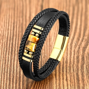 Classic men's multi-layer leather bracelet with tiger eye stone and gold magnetic clasp