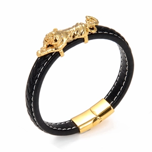 Braided black leather men's bracelet featuring a detailed golden tiger head charm