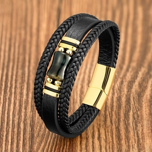 Men's multi-layer woven leather bracelet with tiger eye stone and gold magnetic clasp