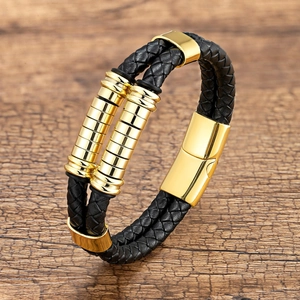 Double-layered black braided leather bracelet for men with gold stainless steel magnetic clasp