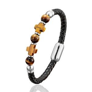 Men's double-layer braided black leather bracelet with natural tiger eye stone beads