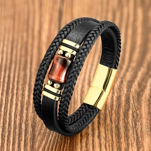 Men Vintage Multi-layer Woven Leather Bracelet With Tiger Eye Natural Stone Magnetic Stainless Steel Clasp Bohemian Style Black Gold Jewelry
