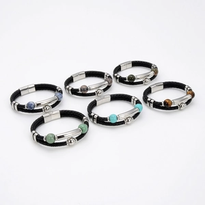Braided leather bracelets set with natural stone beads and stainless steel buckle