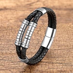 Vintage double-layer black braided leather bracelet with stainless steel magnetic clasp