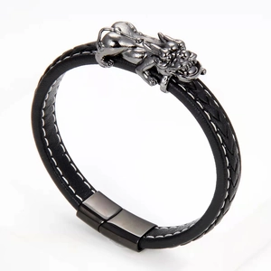 Men's braided leather bracelet with a charcoal grey stainless steel Pixiu charm