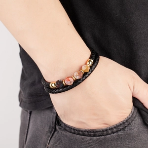 Men's double-layered braided leather bracelet with natural stone beads and golden spacers