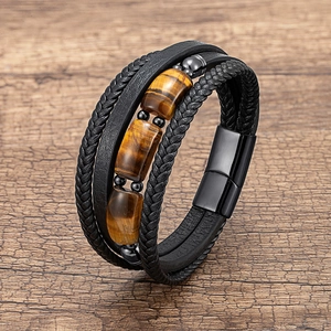 Men's multi-layer leather bracelet with tiger eye stones and black magnetic clasp