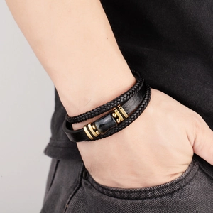 Men's multilayer braided leather bracelet with blue tiger eye stone and gold steel clasp