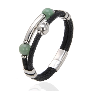 Braided leather bracelet with green natural stone beads and stainless steel magnetic clasp