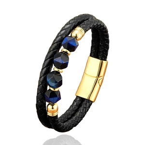 Men's double-layer black braided leather bracelet with blue stone beads and gold magnetic clasp
