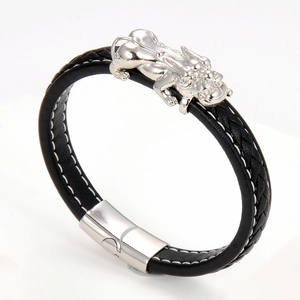 Men's braided black leather bracelet featuring a silver Pi Xiu charm and metal clasp