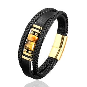Men's multilayer braided leather bracelet with tiger eye stone and gold magnetic clasp