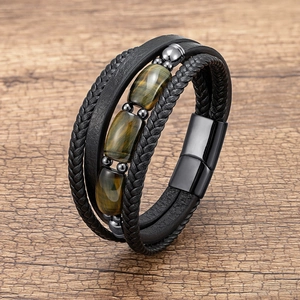 Men's multi-layer tiger eye stone bracelet with braided leather and magnetic buckle