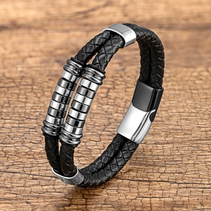 Retro Men's Double Layer Woven Leather Bracelet Stainless Steel Magnetic Clasp Handcrafted Fashion Jewelry Gift For Him