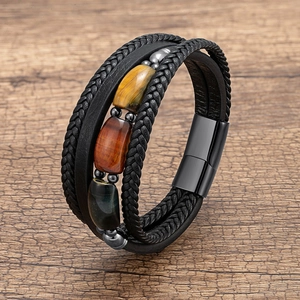Men Vintage Tiger Eye Stone Bracelet Multilayer Braided Leather Wristband With Stainless Steel Magnetic Clasp Men Jewelry