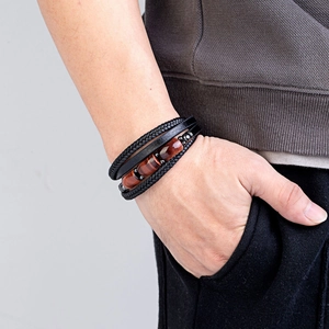 Men's multilayer black braided leather bracelet with red tiger eye stones and metal beads