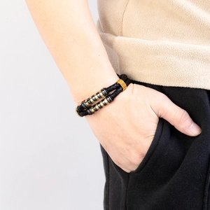 Men's double-layered black woven leather bracelet with gold and silver metal beads