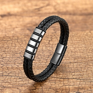 Bracelet Homme Vintage en Cuir Tressé Double Couche Fermoir Magnétique en Acier Inoxydable Bijoux Punk Géométrique