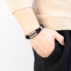 Men's double-layered black braided leather bracelet with silver metal rings and clasp