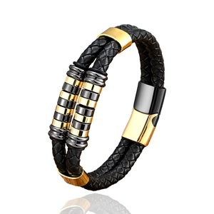 Double-layer braided black leather bracelet with gold and black metal rings for men