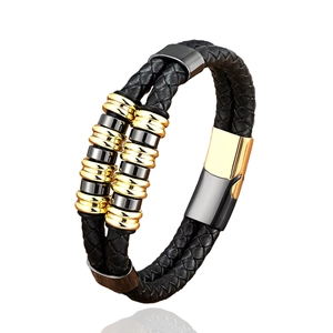 Double-layered braided black leather bracelet with gold metal beads and magnetic clasp