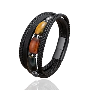 Men's multilayer braided leather bracelet with natural tiger eye stones and magnetic clasp