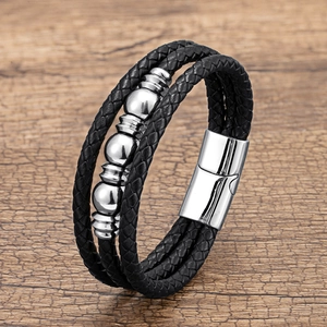 Bracelet pour Homme Rétro Multicouche en Cuir Tressé Avec Fermoir Magnétique en Acier Inoxydable Bijoux Unisexe
